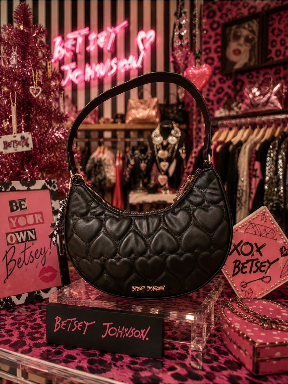 Betsey Johnson Black Quilted Heart Shoulder Bag
